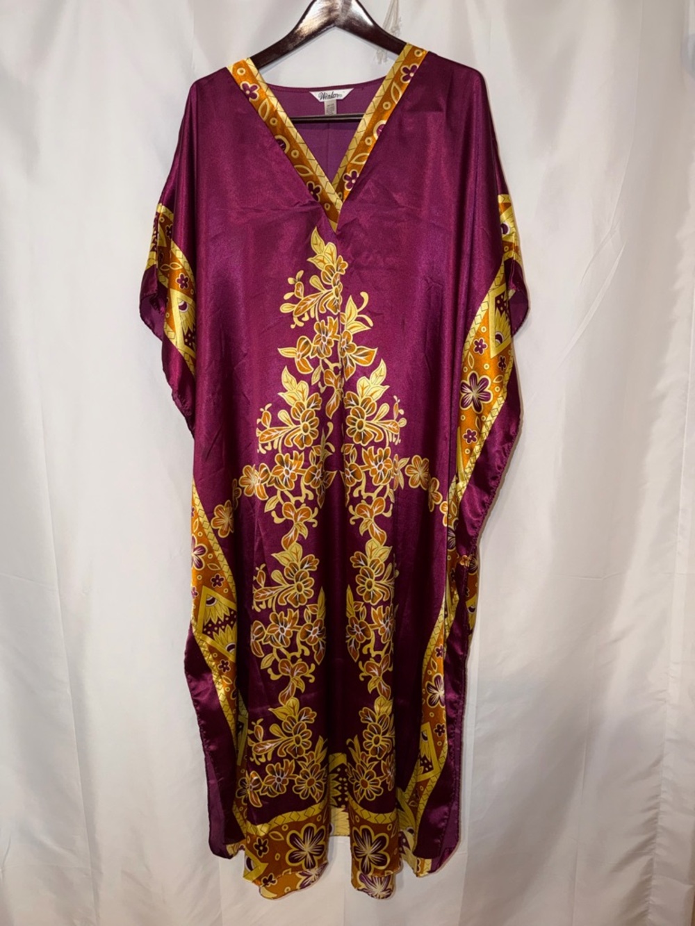 Winlar Taylor Long Caftan Burgundy Gold Satin Sheen OSFM Maxi Dress